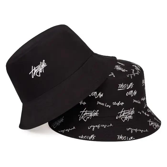 Chapeau de pêcheur double face avec lettres anglaises brodées pour homme et femme protection solaire tendance bucket hat été printemps automne extérieur