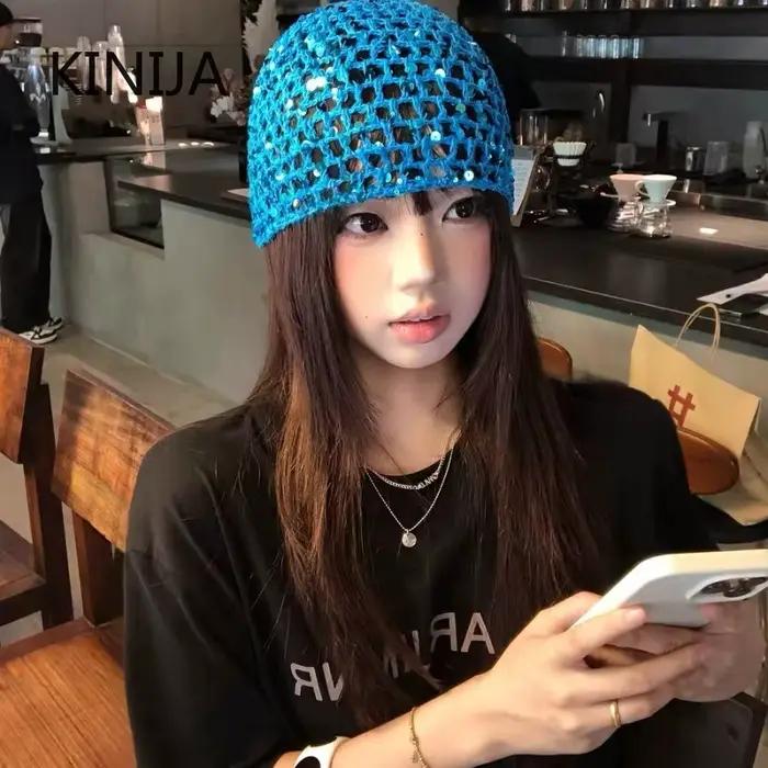 Bonnet tricoté ajouré à paillettes style Ins pour femme