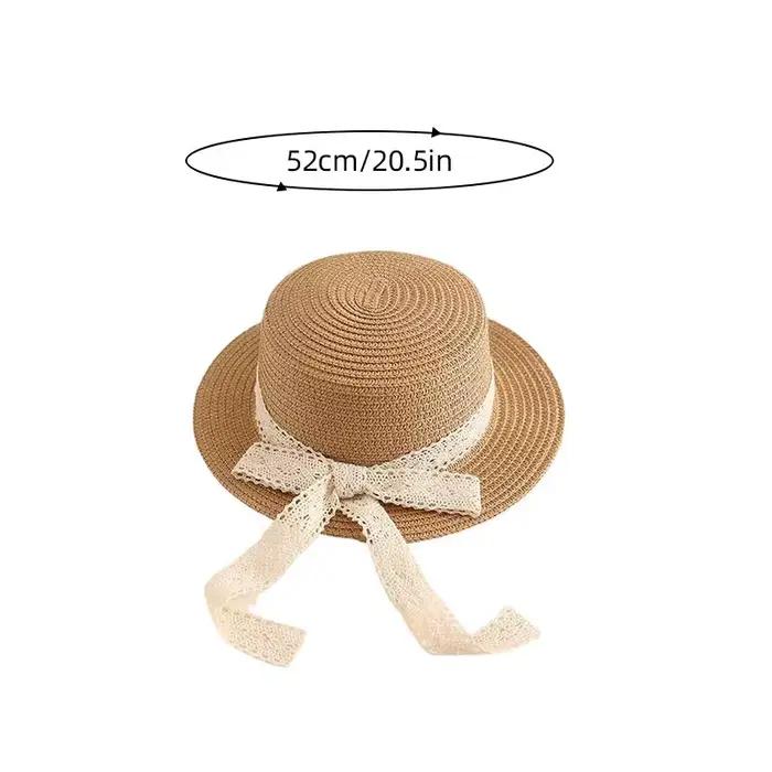 Chapeau de paille à large bord avec manchettes en dentelle pour enfant 3-6 ans été printemps occassions spéciales plage parc piscine