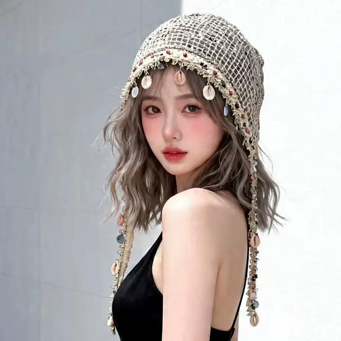 Bonnet élégant pour femme style bohème avec pompon coquillage – Idéal printemps-été pour les voyages et les photos
