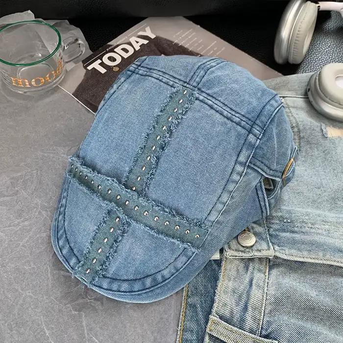 Casquette rétro en denim noir avec rivets pour filles style années 2000 décontracté vintage pour toutes les saisons