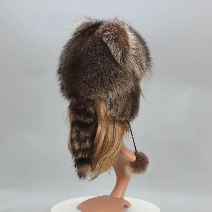 Chapeau Bombardier en Fourrure de Raton Laveur Naturelle pour Femme et Fille