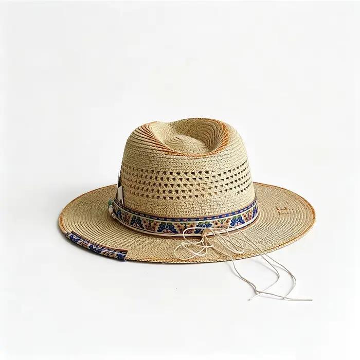 Chapeau de paille tressé vintage vieilli style panama large bord pour femmes et hommes été plage jeux de cartes occasionnels