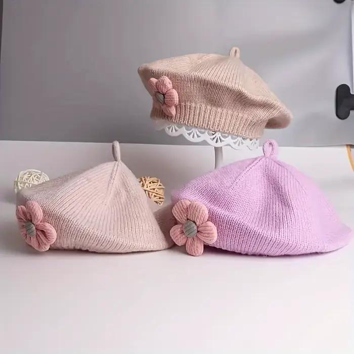 Béret à fleurs pour bébé tricoté en polyester mignon uni coloré pour nourrissons filles garçons occasions spéciales de 1 à 3 ans