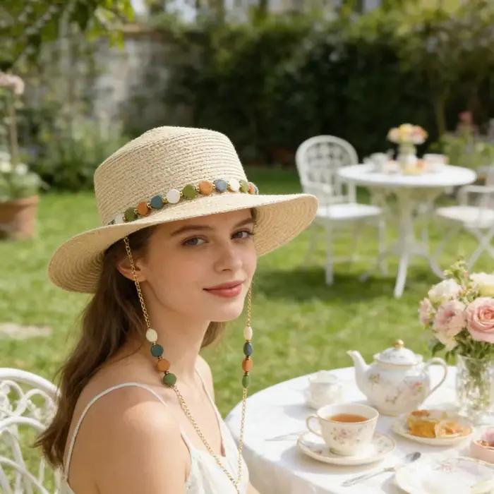 Chapeau de paille d'été à bord plat avec chaîne de pierres colorées