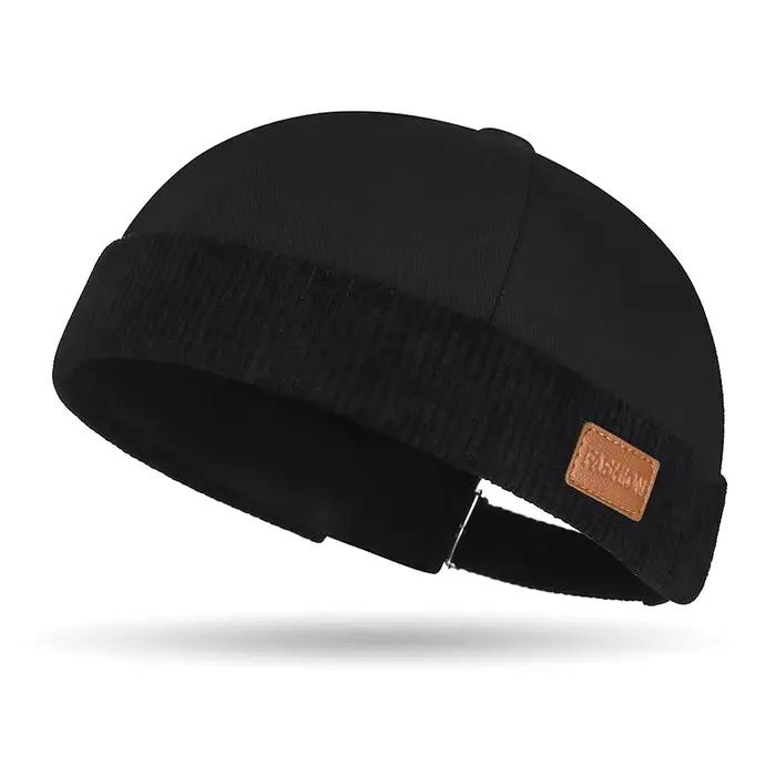 Bonnet marin unisexe tendance avec bordure en velours côtelé et patch en cuir
