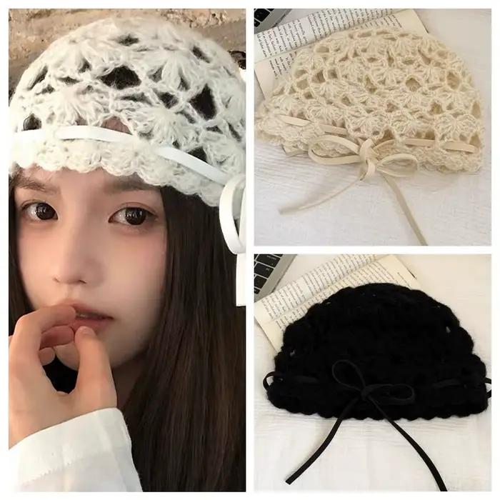 Chapeau tricoté creux au Crochet avec nœud rétro