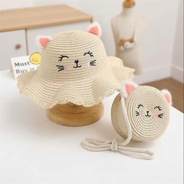 Chapeau de soleil de paille pour enfants motif chat mignon réglable plage été occasions spéciales