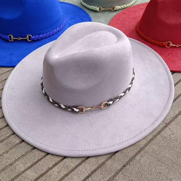 Chapeau en daim uni à bord de 9.5cm de large avec boucle en métal unisexe parfait pour l'automne et l'hiver Hatburning