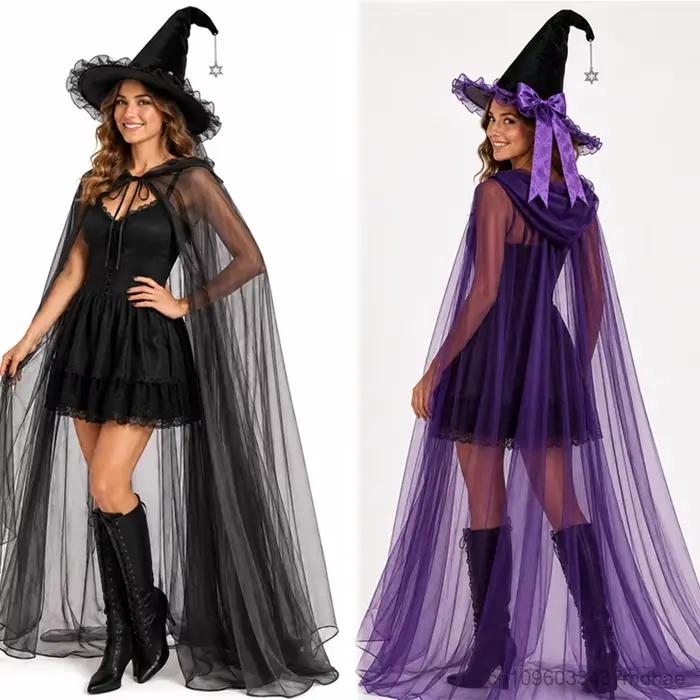 Chapeau de sorcière pour femme pour Halloween avec bordure en dentelle violette
