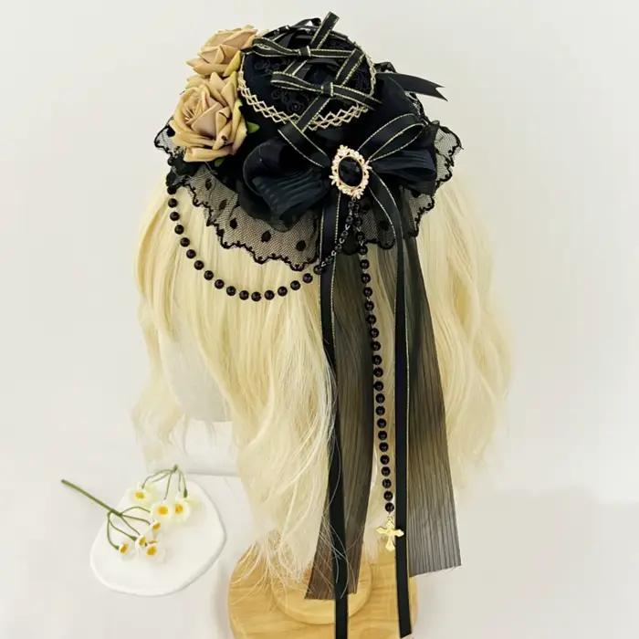 Chapeau gothique Lolita noir et barrettes à fleurs de roses pour cosplay et tenues gothiques élégantes femmes hommes occasions spéciales