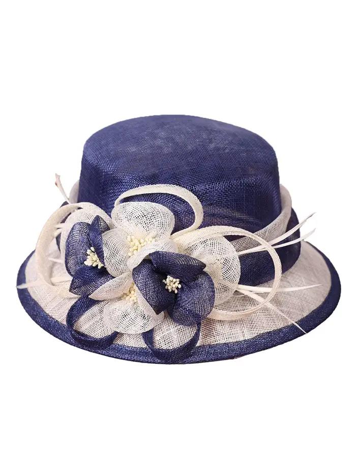 Chapeau Fedora FS en sinamay bleu et blanc pour femme, bord large, fleur ornée, élégant pour mariage, église, courses de chevaux, occasions formelles