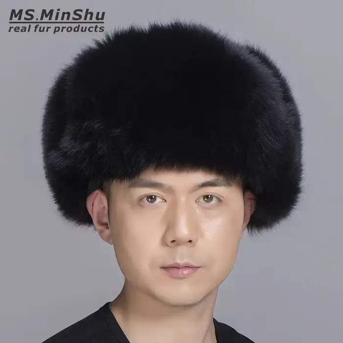 Ms.MinShu Véritable chapeau en fourrure de renard noir avec cuir de mouton unisexe hiver réglable oreillette