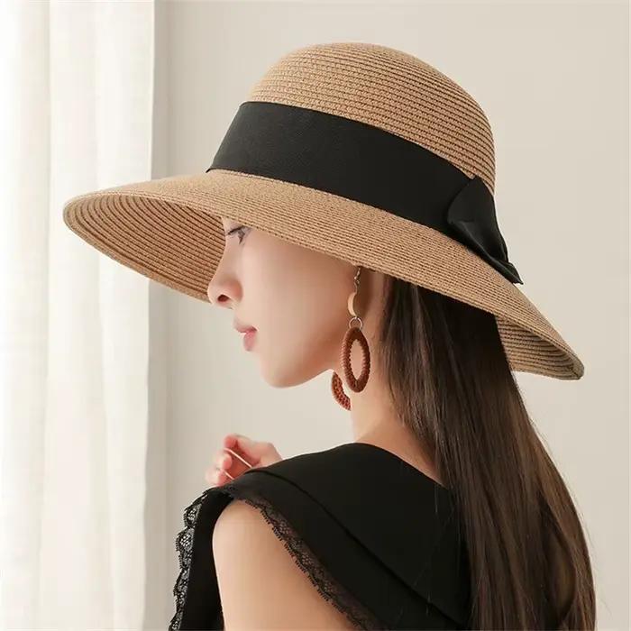 Chapeau de paille grand avant-toit avec nœud papillon noir pour femmes protection solaire et élégance mode été plage vacancesextérieuractivitéschic