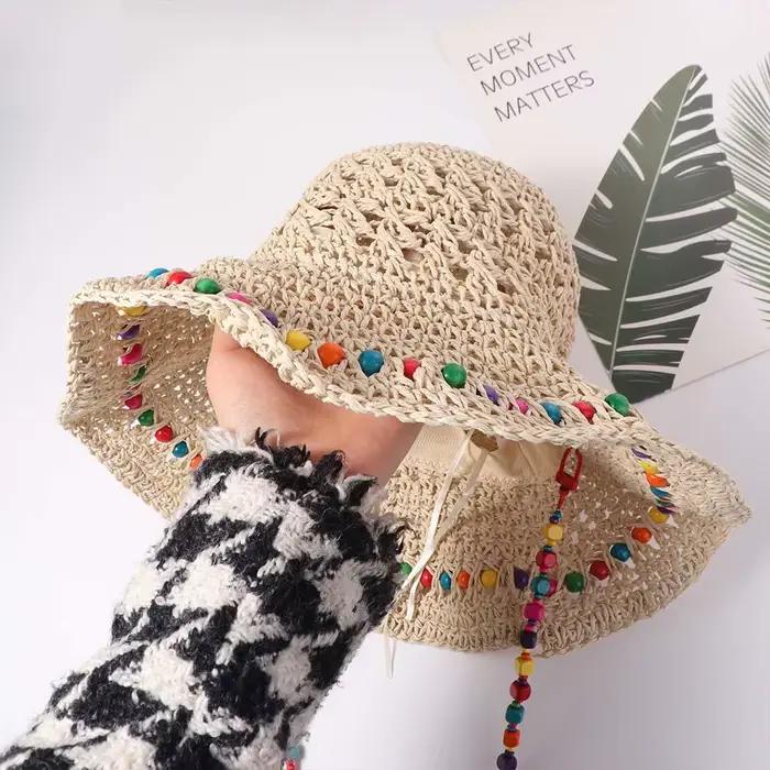 Chapeau de paille pour femme avec perles colorées, style pastoral, protection UV, idéal pour été, plage, voyages et occasions décontractées
