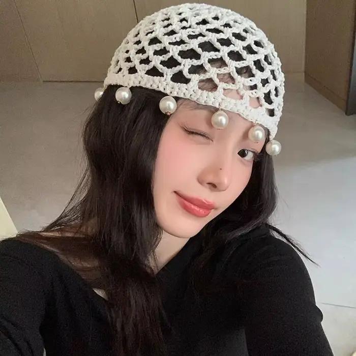 Mode perles rondes tricoté chapeau Crochet perle frangée tissé pour les femmes voyage polyvalent creux respirant rétro bonnets casquette