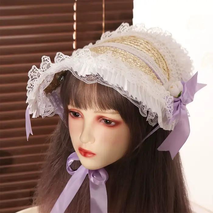 Bonnet Lolita en dentelle, style pastoral, chapeau de paille Lolita français, protection solaire, dessus plat, nœud, ruban, fleur, accessoires Lolita