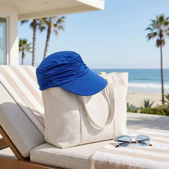 Chapeau de soleil à large bord pour femme, ajustement élastique, protection UV, visière rafraîchissante, casquette pliable avec sangle réglable, multifonctionnel pour plage et activités en plein air