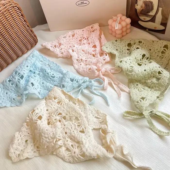 Mode tricoté foulard chapeau français Style pastorale Triangle bandeau à la main Crochet