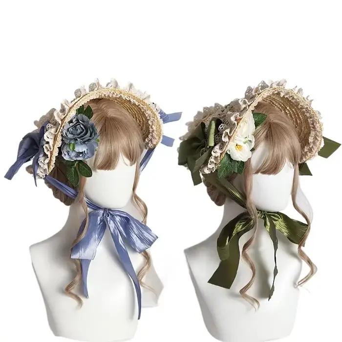 Chapeau de paille à fleurs en dentelle multicolore pour fille, bonnet plat élégant avec motifs de dessins animés, idéal pour les costumes et les occasions spéciales