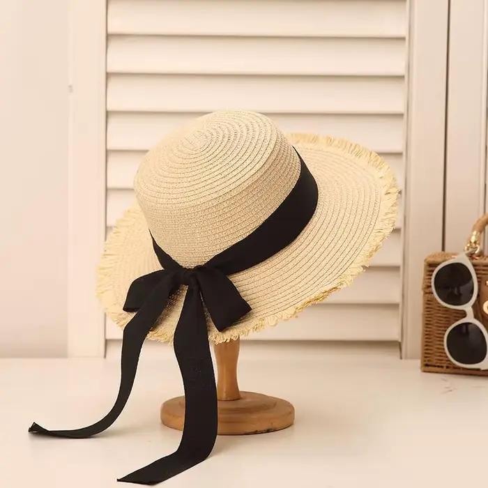 Chapeau de paille à calotte plate style français pour femme