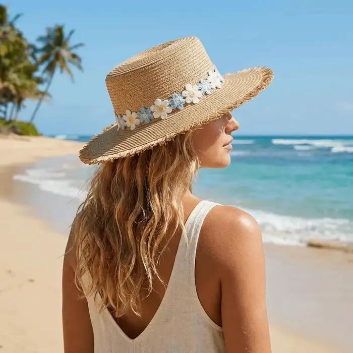 Chapeau de paille à large bord tendance avec fleur