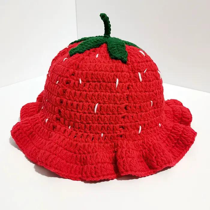 Pudcoco Crochet seau chapeau pour femmes mignon fraise tricot pêcheur casquette respirant chaud