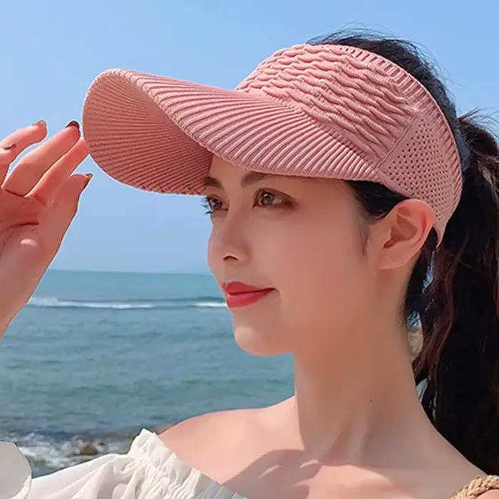 Mode plis conception femmes vide haut-de-forme été couleur unie grand bord crème solaire chapeau en plein air élastique tissu sport casquette de soleil
