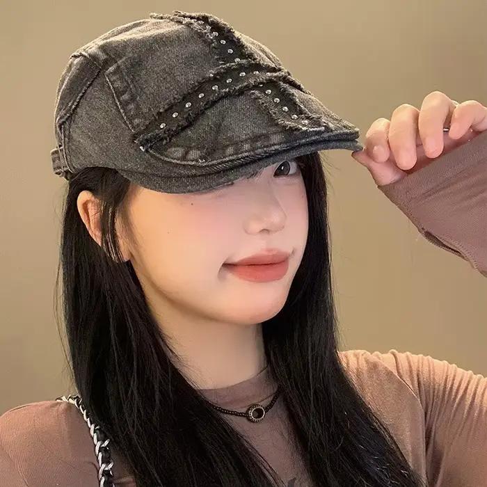 Casquette rétro en denim noir avec rivets pour filles style années 2000 décontracté vintage pour toutes les saisons