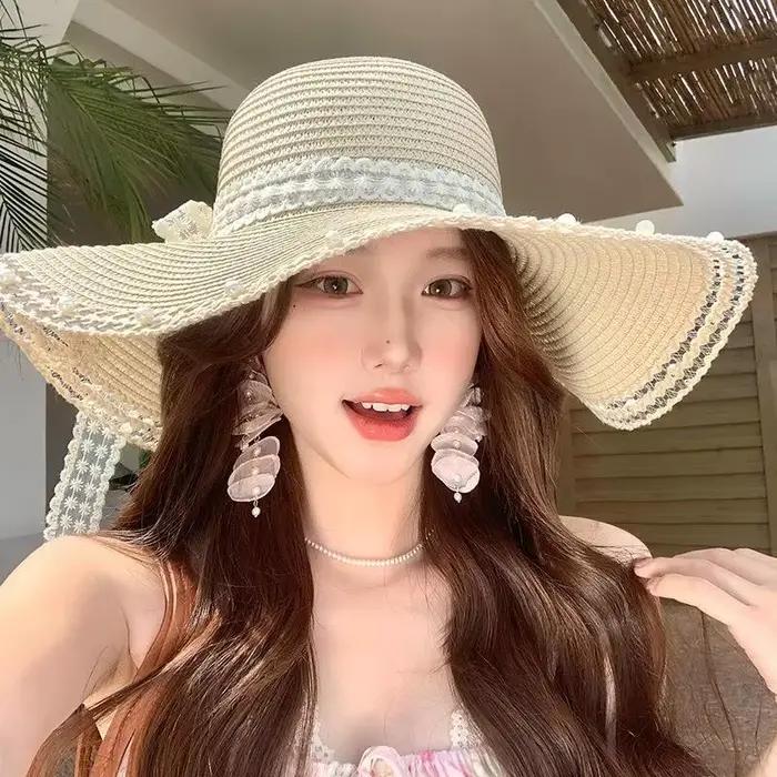 Chapeau de plage en paille surdimensionné pour femme avec nœud