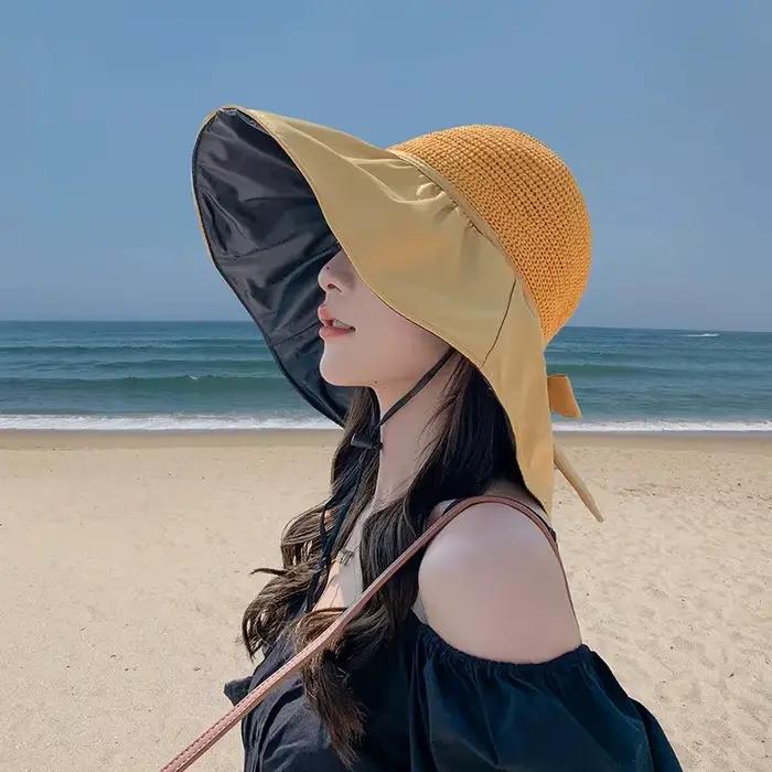 Chapeau de soleil d'été pour femme en paille tressée anti-UV 2025 avec large bord
