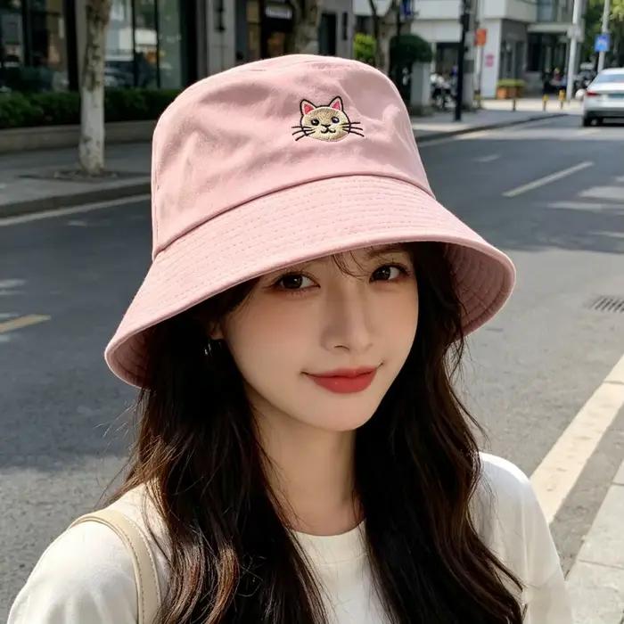 Chapeau de pêcheur brodé motif chat mignon style coréen polyester anti-uv sport pour femme usage quotidien protection solaireextérieur