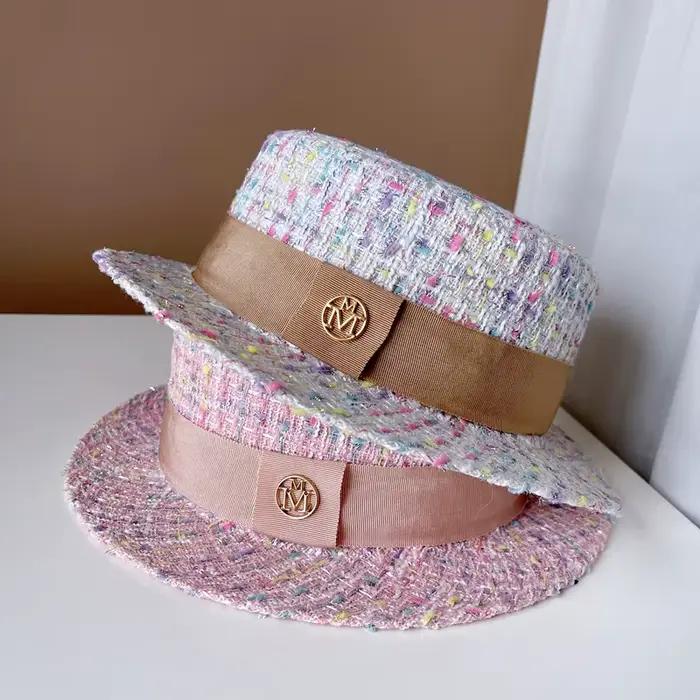 Chapeau haut-de-forme plat en Tweed français pour femmes