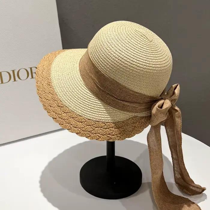 Chapeau de paille d'été pour femme avec nœud en ruban