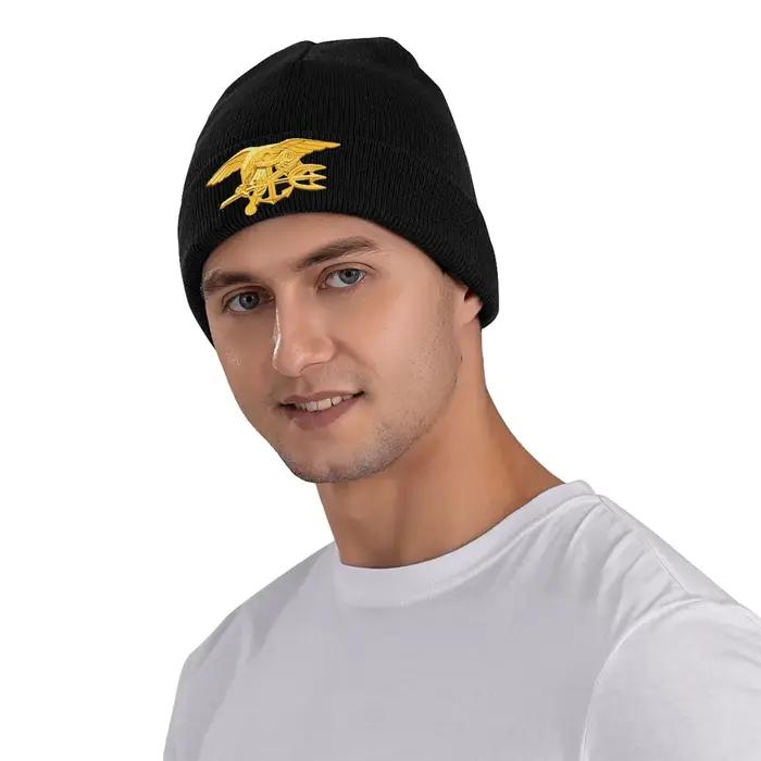 Casquette tricotée chaude en acrylique avec badge de sceaux de la marine pour homme et femme, skullies hip hop pour l'hiver, cadeau pour Noël