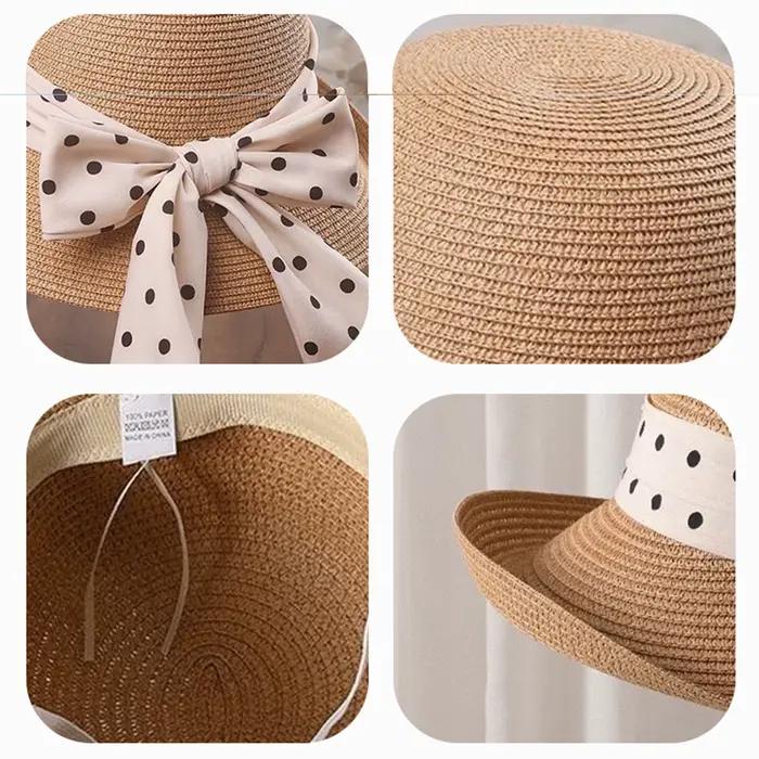 Chapeau de paille d'été à pois avec ruban pour femme