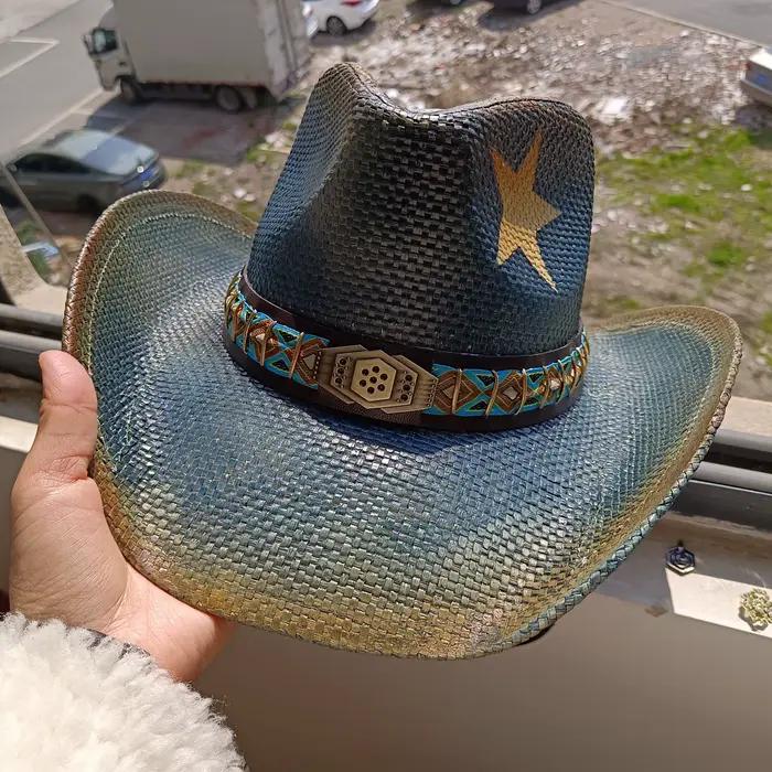 Chapeau de cowboy en paille unisexe style western multicolore pour homme et femme occasions estivales et printanières