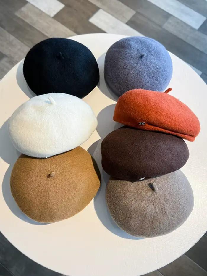 Nouveau chapeau de peintre en laine chaud doux automne hiver béret casquette pour femmes Logo mode femme couleur unie