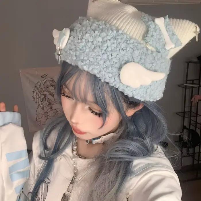 Chapeau d'oreille de chat bleu sous-culture avec croix pour femmes styles Harajuku et Lolita gothique automne hiver