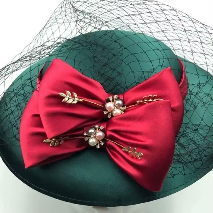 Grand Chapeau de Mariage Vert avec Voile et Nœud Fascinator Élégant Style Français Chapeau de Cérémonie Fête ou Derby pour Femme Occasionnels