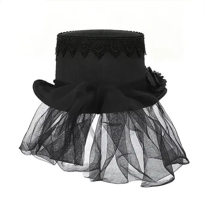 Chapeau haut de forme gothique noir en dentelle, orné de perles camée vintage, pour performance scénique, élégant, style victorien steampunk, pour fête