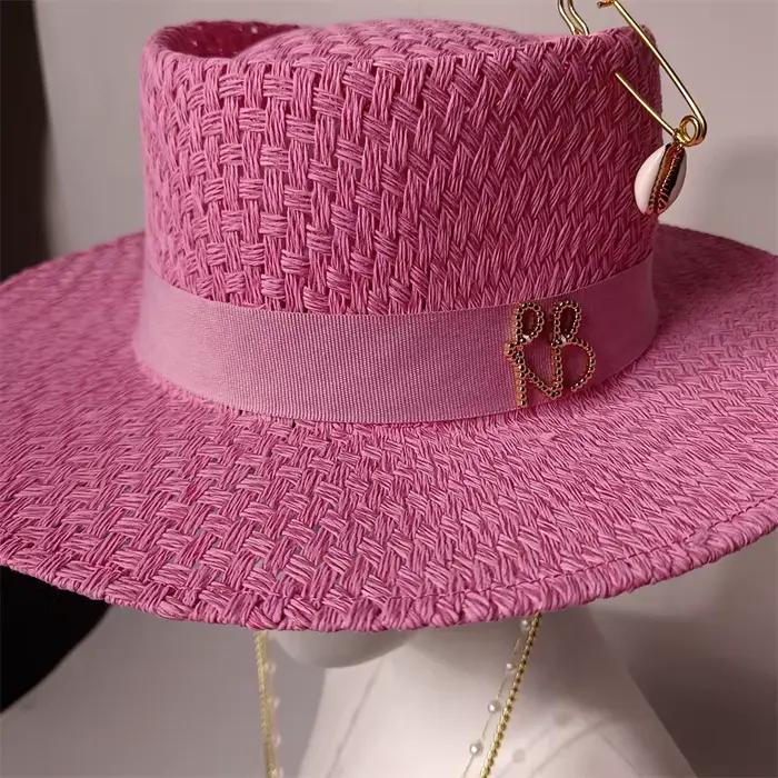 Cerise poudre 2026 chapeau de paille chaîne de perles bricolage haut plat