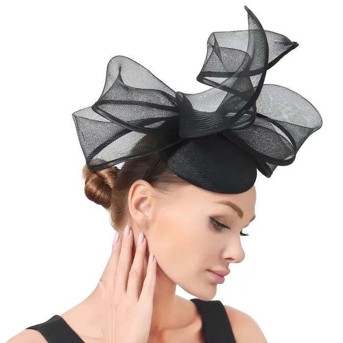 Sinamay-Chapeaux Derby bleu royal avec nœud papillon pour femme
