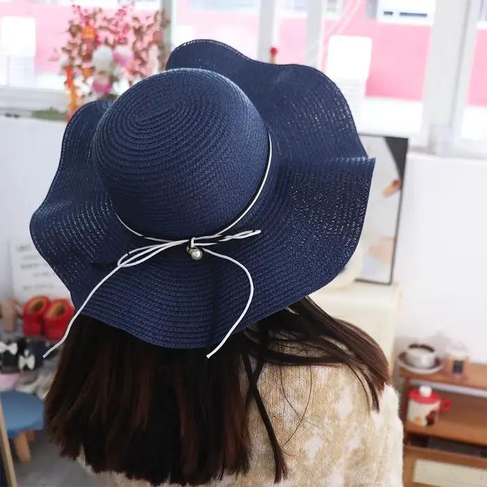 Chapeau de paille pliable à large bord style français avec perles