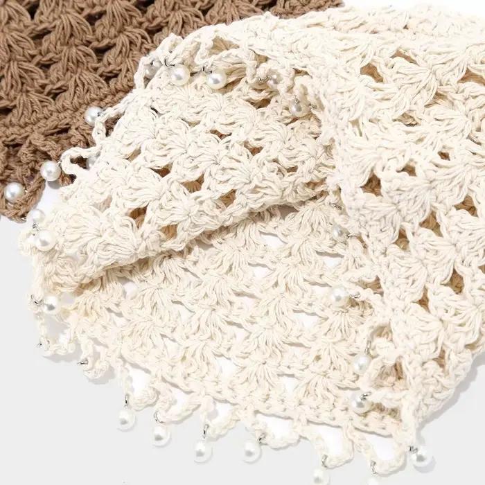 Chapeau tricoté au crochet femme polyvalent avec perles et glands style bohème pour plein air et occasions spéciales