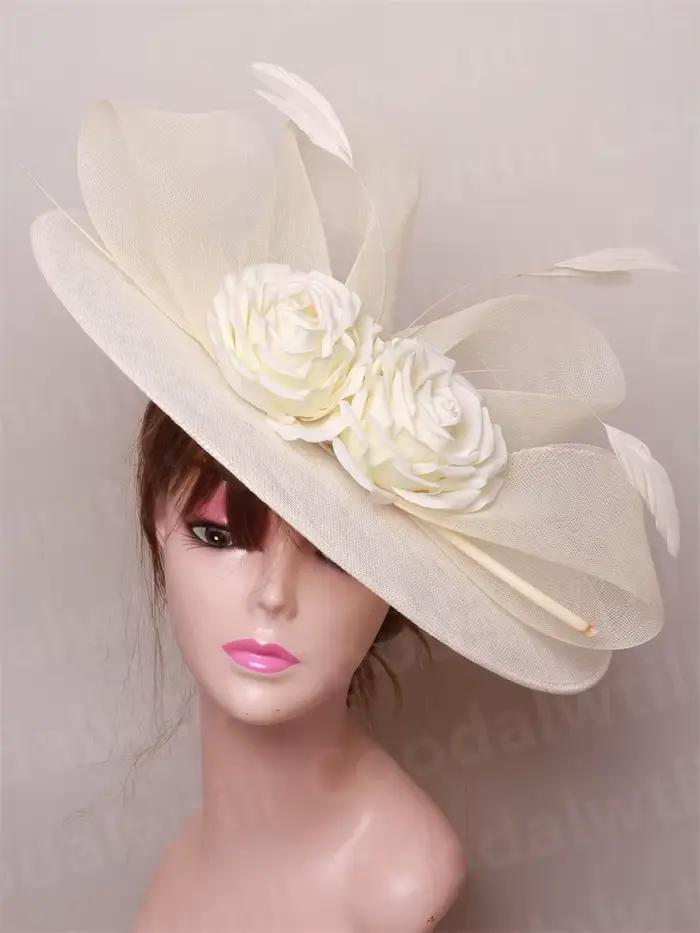 Ivoire grand Royal Ascot Fascinator chapeau fleur cheveux accessoires femmes mariage église casque dames Cocktail fête chapellerie casquette