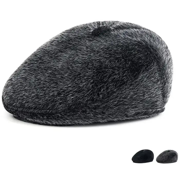 Hommes bérets chaud fausse fourrure chapeaux pour l'hiver mâle noir gris oreillette casquette