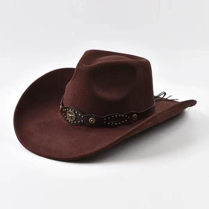Chapeau de cowboy vintage à bord roulé avec rivets tête de taureau pour homme et femme polyvalent pour voyager et occasions spéciales