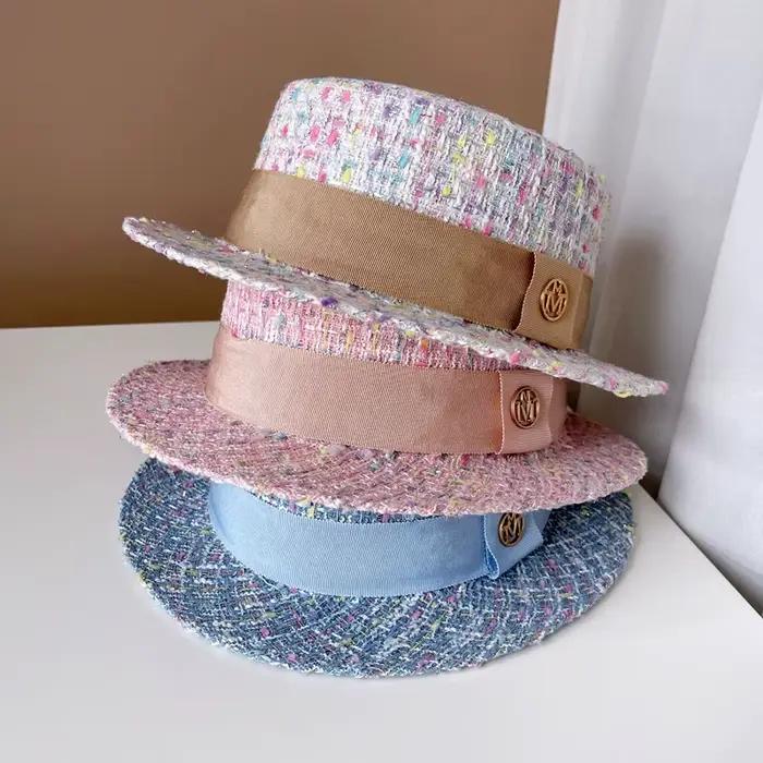 Chapeau haut-de-forme plat en Tweed français pour femmes
