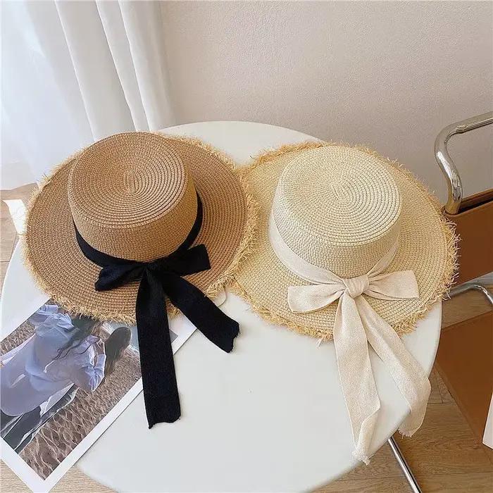 Chapeau de plage japonais tout bord poilu casquette de paille femme été plat haut sortie